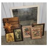 Framed Artworks With Wooden Rack And Wall Mirror