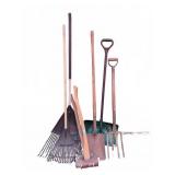 Yard Tools Lot W/ Rakes, Axe, Shovel, Snow Shovel