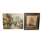 Paris Street Scene and Framed Ship Art