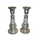 Pair Mercury Glass Etched Floral Candlesticks