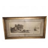 Landscape Coastal Print in Gilt Frame Signed