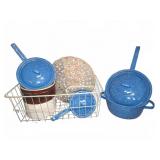 Blue Enamelware Cookware and Brown Crock
