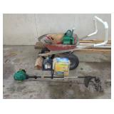Garden Tool Lot With Wheelbarrow, Trimmer and More