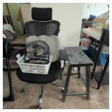 Office Chair, Fan, Basket of Toiletries, Stool