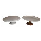 2 White Cake Stands Ceramic and Wood Base