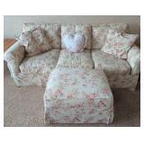 Floral Upholstered Sofa With Ottoman And Pillows