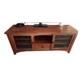Wood TV Stand With Glass Doors And Shelf