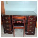 Wood Writing Desk With Glass Top and Chair