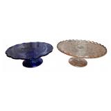 Blue and Clear Pressed Glass Pedestal Cake Stands
