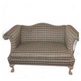 Plaid Roll Arm Camelback Loveseat with Carved Legs