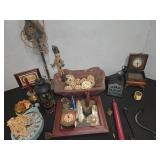 Decor Lot With Clocks, Candle Holders, Doily