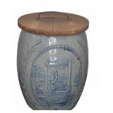 Stoneware Crock With Blue Glaze and Wooden Lid