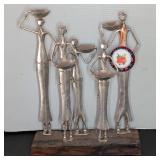 Metallic Tribal Family Sculpture on Wooden Base