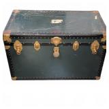 Vintage Green Metal Steamer Trunk With Brass Trim