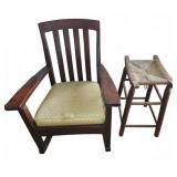 Wooden Armchair With Cushion and Woven Seat Stool