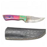 Damascus Fixed Blade Knife, Colored Wood Handle