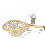 Wood Fishing Net and Metal Bait Container