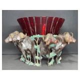 Bronze Buffalo Figural Stand With Red Glass Bowl