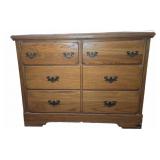 Oak Six Drawer Wood Dresser with Brass Handles