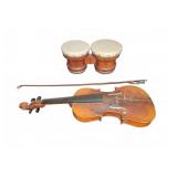 Wooden Violin with Bow and Pair of Bongo Drums
