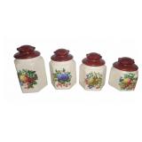 4 Ceramic Canisters with Fruit Motif and Red Lids