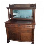 Antique Oak Sideboard w/ Mirrored Back and Drawers