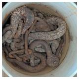 Bucket of Assorted Rusty Steel Hooks & Chain Links
