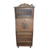 Antique Oak Secretary Desk With Leaded Glass Door