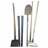 Garden Tools Lot W/ Shovels, Pipe Posts, and