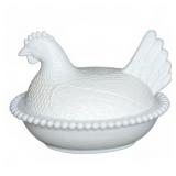 Milk Glass Hen on Nest Covered Dish Beaded Edge