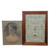 Framed Sampler and Portrait Photograph Pair