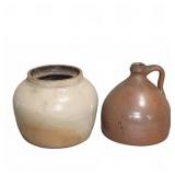 Antique Stoneware Crock and Brown Jug Pair