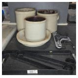 Three Stoneware Crocks with Tray and Metal Racks