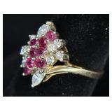 Ladies 14KT Ruby & Diamond Cluster Ring, Sz 7.5