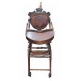Antique Wooden Baby High Chair w/ Embossed Leather