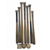 7 Wooden Baseball Bats & 3 Softballs Mixed Brands