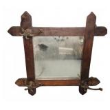 Wall Mirror With Wooden Frame W/ 3 Metal Hooks