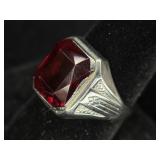 Silver-Tone Ring with Red Rectangular Stone