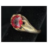 Gold-Tone Ring with Claw-Set Red Stone