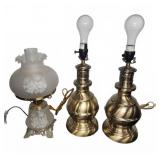 3 Assorted Table Lamps Frosted Glass and Brass