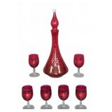 Ruby Red Glass Decanter & 6 Matching Wine Glasses