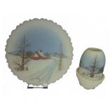 Fenton Glass Plate & Fairy Lamp Winter Scene 1981