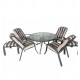 Green Patio Set: Glass Table & 6 Cushioned Chairs