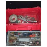 Red Plastic Tool Box With Assorted Hand Tools