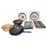 Kitchenware Lot With Plates, Pans, And Bakeware