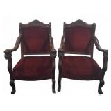 Wood Armchairs w/ Carved Lion Armrests