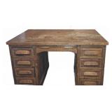Large Oak Desk with Nine Drawers and Keyholes