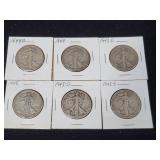 6 Walking Liberty Half Dollars 1943-1945
