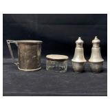 Sterling Silver Mug, Shakers, and Cut Glass Jar