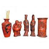 Chinese Style Red Decorative Figurines & Vase Set
